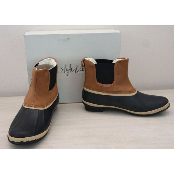 Style & Co. Womens 10M Chestnut Brown Harlii PU Leather Pull-On Ankle Duck Boots - Picture 1 of 13